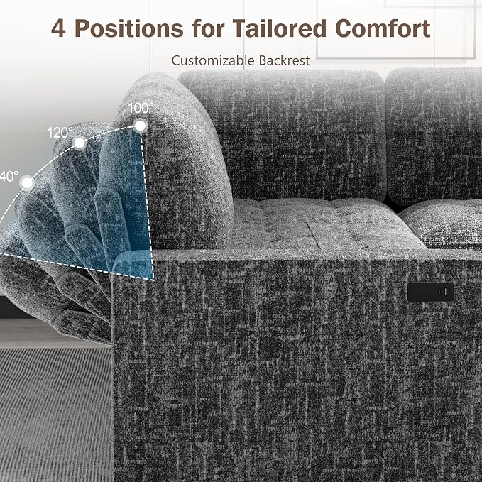 Sunny Heart 5-Seat Modular Sleeper Sofa with Pull-Out Bed & Storage, L-Shaped Chenille Sectional Couch, Reclining Backrest & USB Charging for Living Room,Guest Room Dark Grey