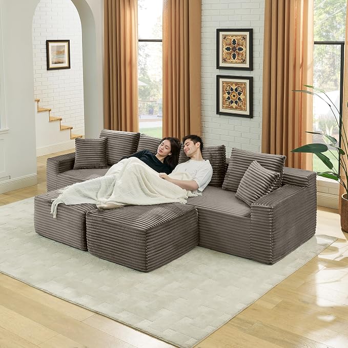 115" U-Shaped Cloud Sectional Couch, Modular Compressed Boneless Sectional Sofa W/Reversible Ottoman Chaise Lounge, Plush Corduroy Boneless Symmetrical Sofa for Living Room