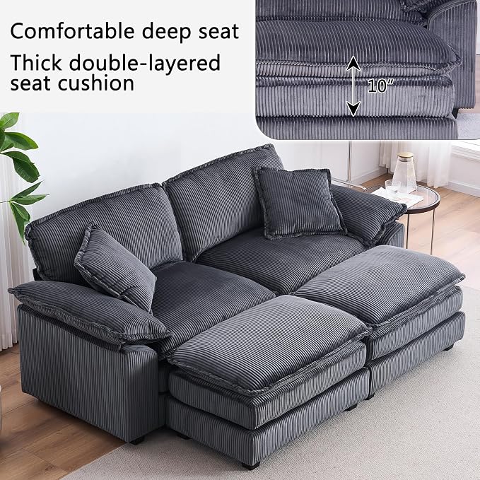 84.6” Corduroy Loveseat with Ottoman, Oversized Double Chaise Lounge Chair Indoor Deep Seat Two Seater Couch Cloud Couch Modular Sectional Sofa for Living Room(Corduroy Grey)