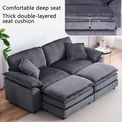 84.6” Corduroy Loveseat with Ottoman, Oversized Double Chaise Lounge Chair Indoor Deep Seat Two Seater Couch Cloud Couch Modular Sectional Sofa for Living Room(Corduroy Grey)