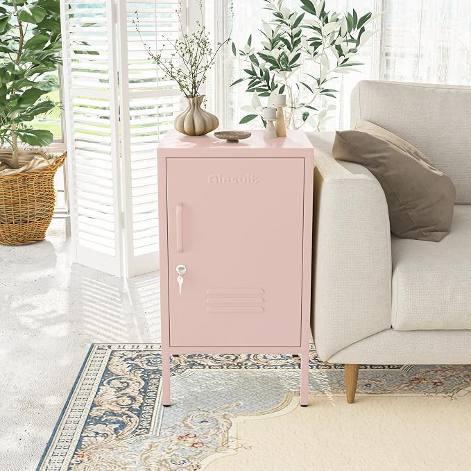 Single Door Lockable Metal End Table & Children's Bedside Table, 2-Tier Storage Cabinet with Adjustable Shelf, Easy Assembly Side Table for Living Room Bedroom Home Office Pink