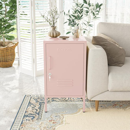 Single Door Lockable Metal End Table & Children's Bedside Table, 2-Tier Storage Cabinet with Adjustable Shelf, Easy Assembly Side Table for Living Room Bedroom Home Office Pink