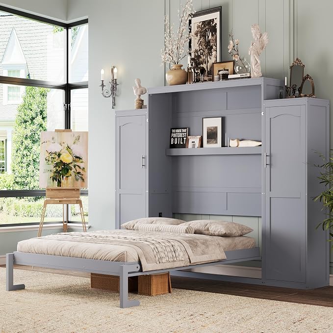 Merax Queen Size Wood Murphy Bed, with 2 Wardrobe and Storage Shelf, Multifunctional Foldable Wall Platform Bedframe for Guest-Room, Bedroom, Gray