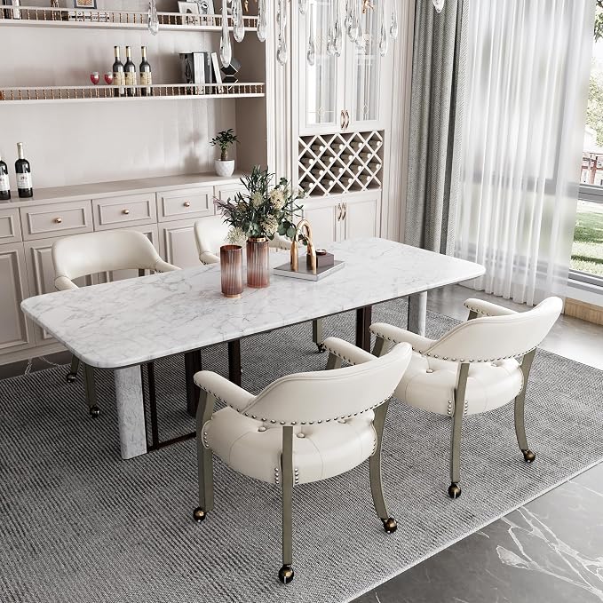 LEEMTORIG Set of 4 Large Dining Chairs with Casters and Arms, Rolling Dining Chairs with Wheels, Solid Wood Boss Caption's Chairs, 26" D x 25.2" W x 31.5" H, Grey Legs & Ivory SY-1318-WT