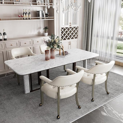LEEMTORIG Set of 4 Large Dining Chairs with Casters and Arms, Rolling Dining Chairs with Wheels, Solid Wood Boss Caption's Chairs, 26" D x 25.2" W x 31.5" H, Grey Legs & Ivory SY-1318-WT