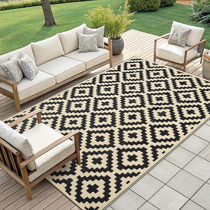 Smiry Waterproof Outdoor Rug 9X18 ft, Reversible Plastic Straw Patio Camping Rugs, Outdoor Indoor RV Mat Carpet for Patio, Outside Entry, Backyard, Deck, Bench, Picnic, Camper, Black & Beige