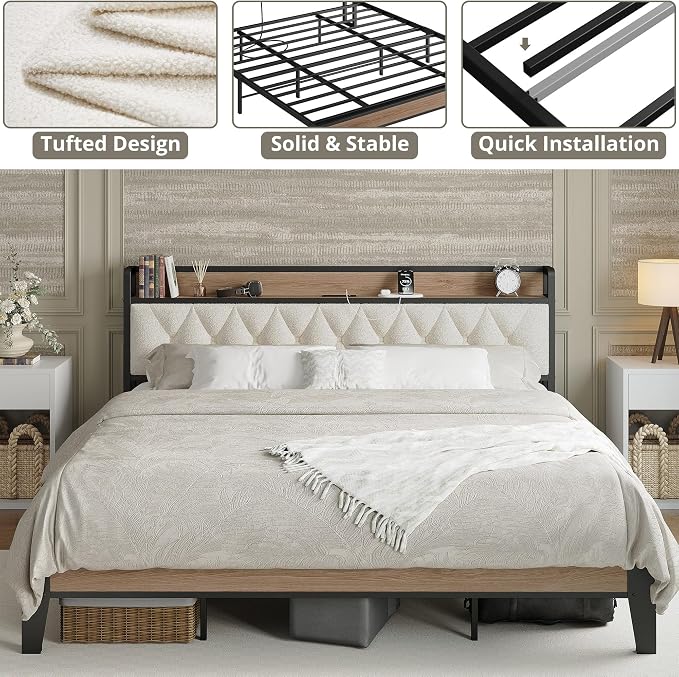 King Size Bed Frame with Headboard & Charging Station, Wood and Cream