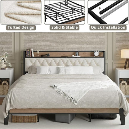 King Size Bed Frame with Headboard & Charging Station, Wood and Cream