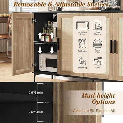 JASIWAY Sideboard Buffet Cabinet with Storage, 48" Rattan Coffee Bar | Credenza Storage Cabinet With Doors and Shelves, Black Rattan Cabinet for Dining Room, Entryway and Living Room, Anti-Tip