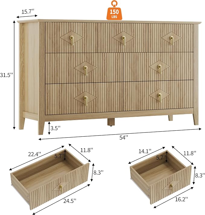 GarveeHome Fluted Dresser for Bedroom, 54 Inch Wide 7-Drawer Wood Dresser, Modern Chest of Drawers, Storage Organizer Cabinet for Living Room, Hallway, Entryway, Natural