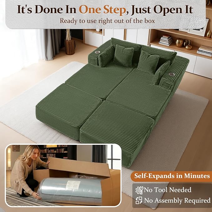72" Cloud Sectional Couch, Comfort Sleep Sofa for Living Room, Extra Deep Seats No Assembly, Minimalist Modular Couch, Corduroy (Olive Green, Extend Loveseat Chaise)