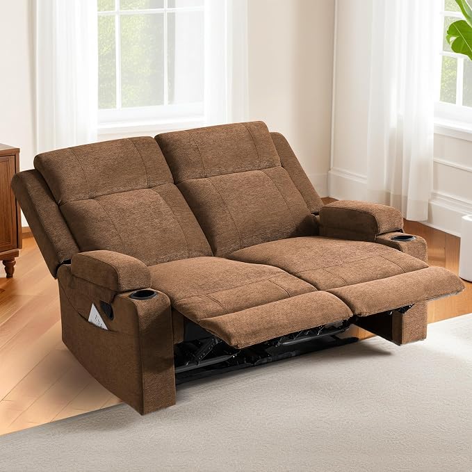 55" RV Loveseat Recliner – Space-Saving Double Reclining RV Sofa, Compact Theater Seating with Cup Holders & Storage Pocket, Brown Chenille Couch for Camper, Motorhome & Home Theater
