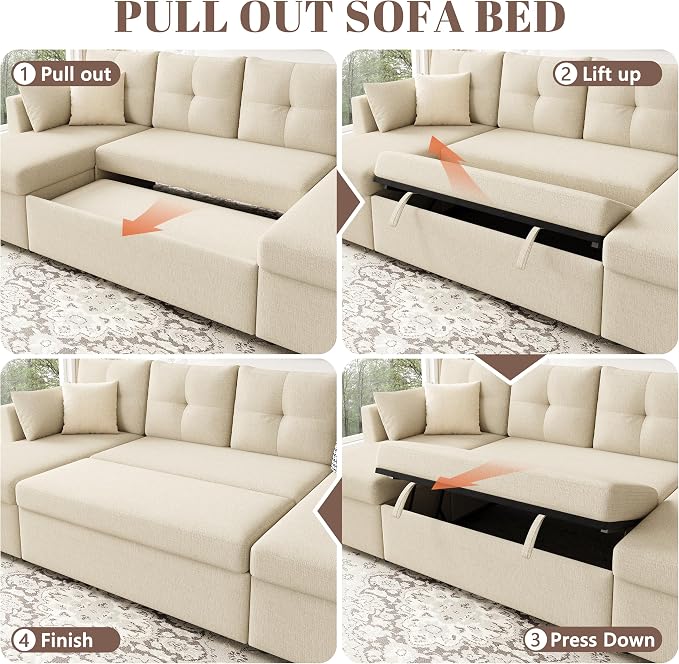 Huatean Home Oversized Sleeper Couch Sofa, Sectional Sleeper Sofa Bed with Side Pocket for Living Room, 110 inch 2 in 1 Pull Out Couch with Double Storage Chaise, Beige