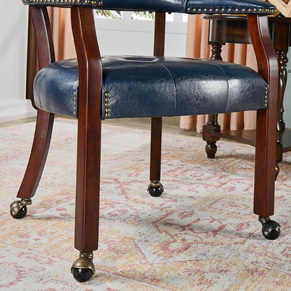 LEEMTORIG Set of 2 Dining Chairs with Casters and Arms, Large Rolling Dining Chairs with Wheels, Accent Poker Table Chairs, Solid Wood Boss Caption's Chairs, Cherry Legs & Blue SY-1533-LB