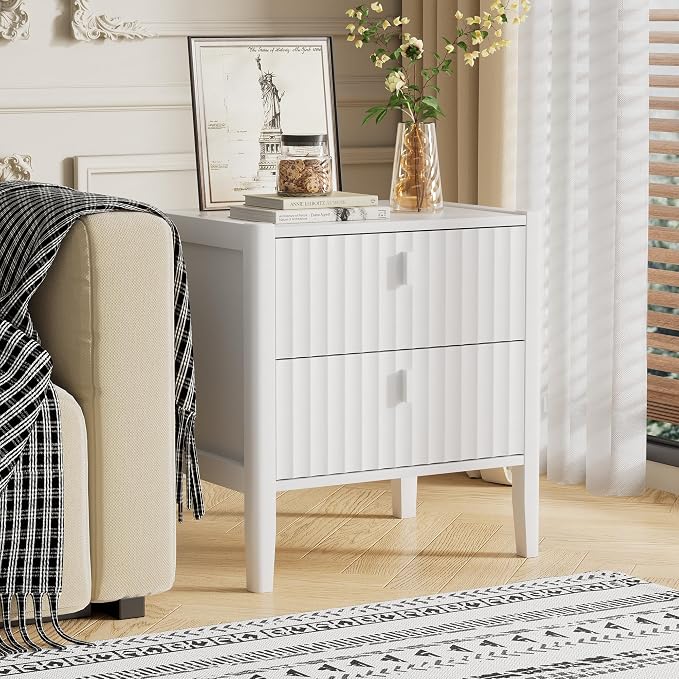 Furniway Nightstand Set of 2, Modern End Table with Solid Wood Legs, Bedside Table with 2 Drawers and Metal Handles for Bedroom, White