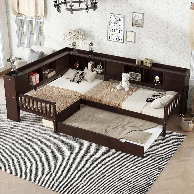 Bellemave L Shaped Corner Bed for 2 Kids, Double Twin Platform BedFrame with Trundle and Shelves, Espresso