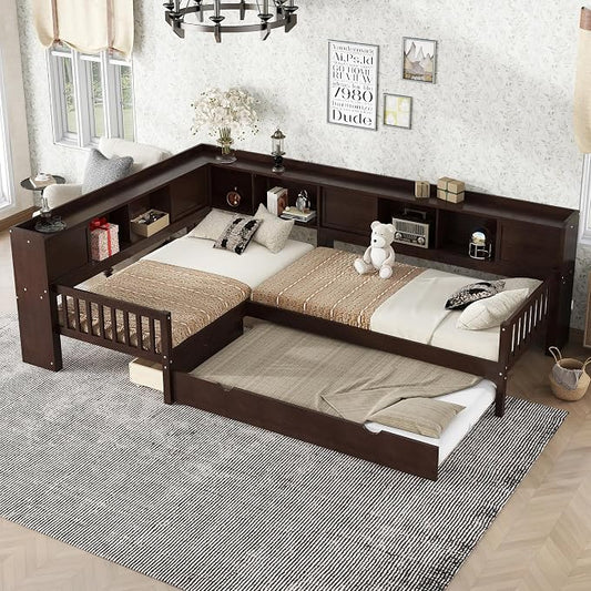 Bellemave L Shaped Corner Bed for 2 Kids, Double Twin Platform BedFrame with Trundle and Shelves, Espresso