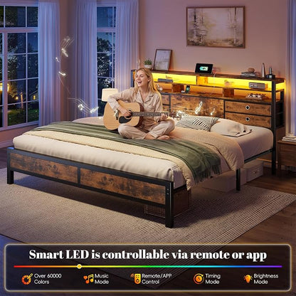 Homkdom King Bed Frame with 3-Tier Storage Headboard & 4 Fabric Drawers, Metal Platform Bed Frame with LED Light & Charging Station,Noise-Free,No Box Spring Needed,Easy Assembly,Rustic Brown