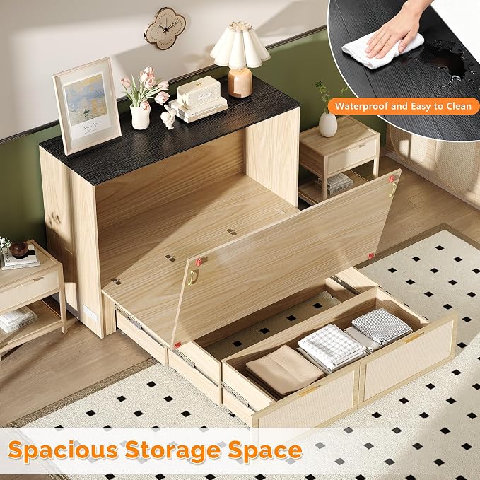 VINGLI Full Size Rattan Murphy Bed with Storage Drawer,2 Charging Station, Boho,Hideaway Paltform Panel Bed for Small Spaces,Guest Room,Office,Apartment, Space-Saving Cabinet Bed,Oak White
