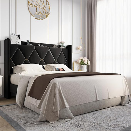 Allewie Velvet Full Size Upholstered Bed Frame with Wingback Storage Headboard & Charging Station, Platform Bed with Diamond Tufted Design & Gold Trim, No Box Spring Needed, Easy Assembly, Black