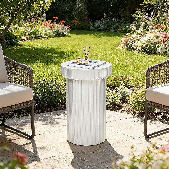 24" Pedestal Side Table, Round Fluted 3-in-1 Coffee Accent Table | Durable Lightweight Round Table, Decorative Patio Outdoor GardenStool Art for Poolside, Balcony, Living room.