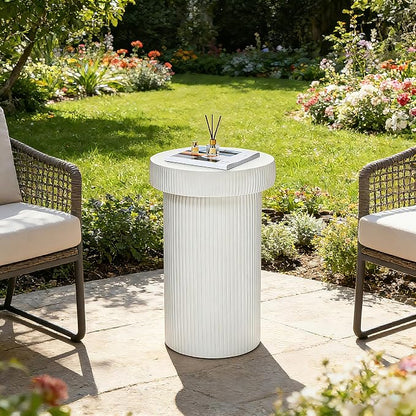 24" Pedestal Side Table, Round Fluted 3-in-1 Coffee Accent Table | Durable Lightweight Round Table, Decorative Patio Outdoor GardenStool Art for Poolside, Balcony, Living room.