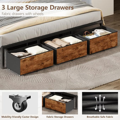 Forestell King Size Bed Frame with Wood Headboard, Metal Platform Bed with 3 Storage Drawers & Shelf, Built-in Charging Station & LED Lights, No Box Spring Needed, Vintage Brown, Camas King