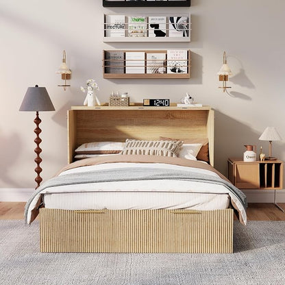 Full Size Murphy Bed Cabinet: Modern Murphy Bed Full Oak, Natural Wood Hidden Beds Cabinet with Charging Station, Fluted Hideaway Beds for Apartments (Oak-Stripe)