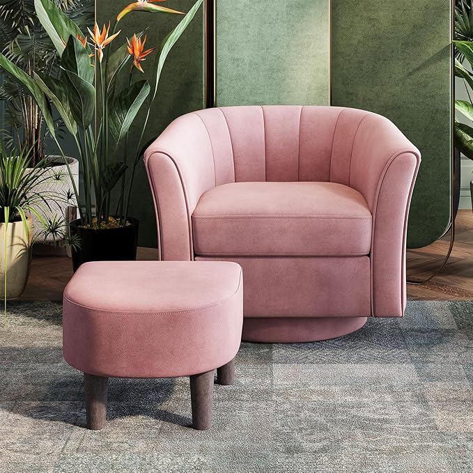 LINSY Swivel Accent Chair Ottoman Set: Velvet Larege Barrel Chair with Foot Rest, Modern Reading Chair Upholstered Armchair with Footrest for Living Room Bedroom Study Room Office (Pink)