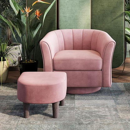 LINSY Swivel Accent Chair Ottoman Set: Velvet Larege Barrel Chair with Foot Rest, Modern Reading Chair Upholstered Armchair with Footrest for Living Room Bedroom Study Room Office (Pink)