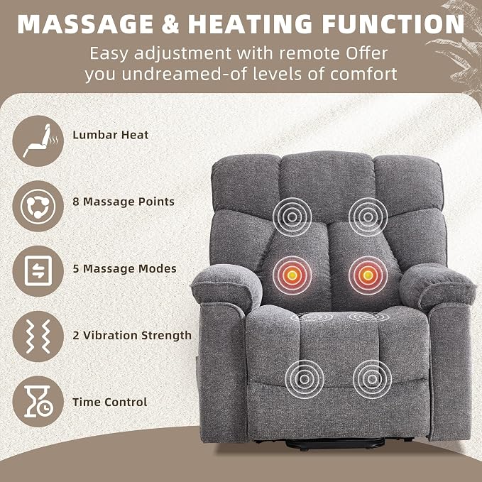 CANMOV Power Lift Recliner Chair for Elderly with Vibration Massage and Lumbar Heating, Overstuffed Electric Lift Chair with Side Pocket and 2 Cup Holders for Living Room,Dark Gray