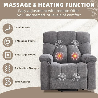 CANMOV Power Lift Recliner Chair for Elderly with Vibration Massage and Lumbar Heating, Overstuffed Electric Lift Chair with Side Pocket and 2 Cup Holders for Living Room,Dark Gray