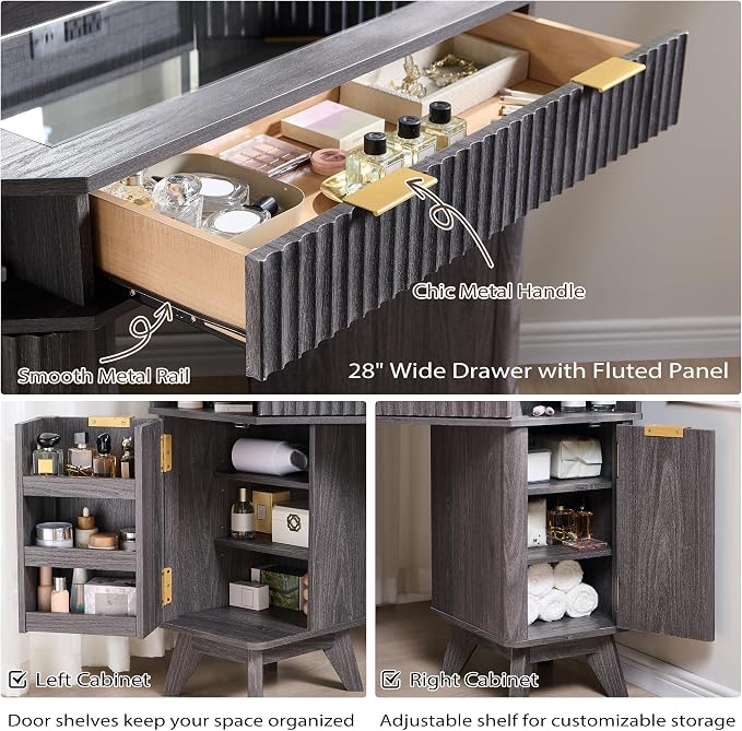 T4TREAM Fluted Makeup Vanity Desk with 3 Way Mirror and Lights, 48" Large Corner Vanity Table with Glass Top, Charging Station, 3 Drawers, Storage Cabinets & Shelves, for Bedroom, Dark Alder