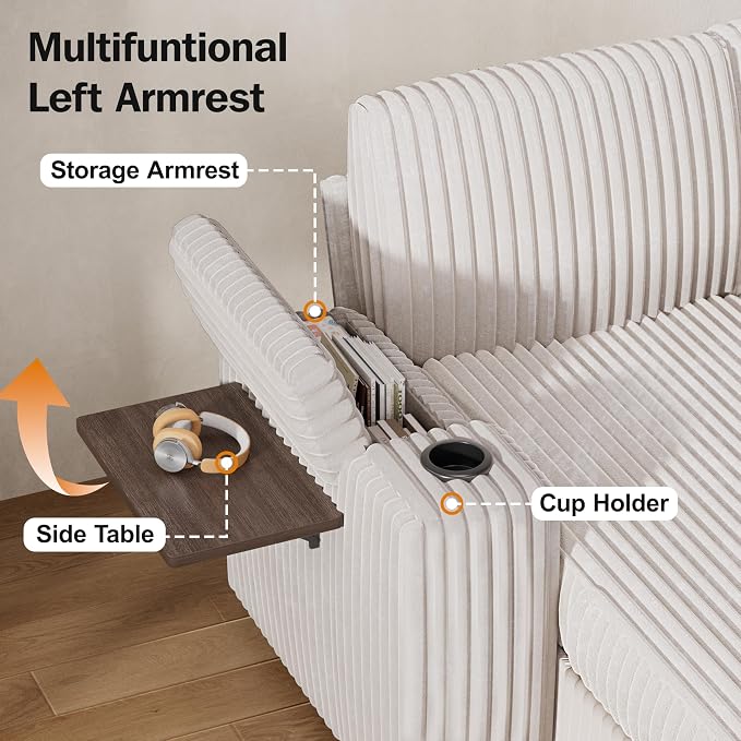 Vipbear 86" Modular Sectional Sleeper Sofa with Pull Out Bed, 5 Seat Plush Corduroy L Shaped Couch with Storage Seat|USB Ports|Cup Holders|Side Table|Storage Armrests, Tool Free Assembly, Beige