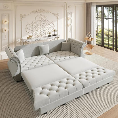 97.6" Oversized Pull Out Sofa Bed, Chesterfield Velvet Sleeper Sofa Couch with Roll Arm & Flower Tufting, Heavy Duty Metal Frame Convertible Sofa for Living Room, Apartment, Guest Room, Light