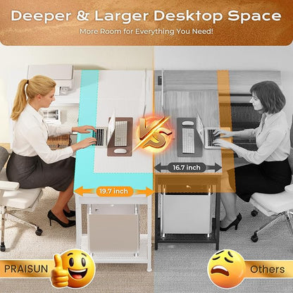 PRAISUN 55 Inch L Shaped Office Desk with Power Outlets and Type-C Port, Large Computer Gaming Desk with 3 Fabric Drawers, Mesh Shelves, Corner Study Work Writing Desk, White