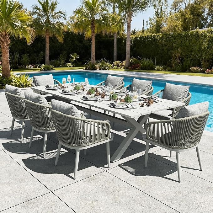 LayinSun 9 Pieces Outdoor Patio Dining Set, Aluminium Rectangular Dining Table and Wicker Rattan Chairs Set for Outside Backyard, Poolside