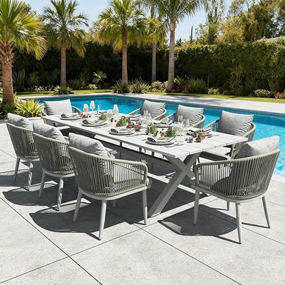 LayinSun 9 Pieces Outdoor Patio Dining Set, Aluminium Rectangular Dining Table and Wicker Rattan Chairs Set for Outside Backyard, Poolside