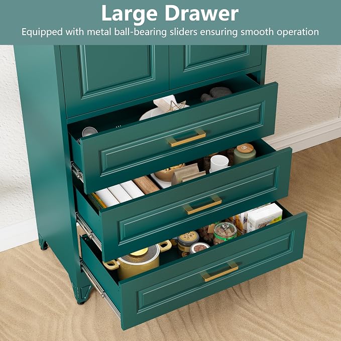 Polup 75" Tall Metal Storage Cabinet with Doors and Shelves, Heavy Duty Green Kitchen Pantry Cabinet with 3 Drawers, Freestanding Food Cupboard Storage Organizers for Laundry, Garage, Dining Room