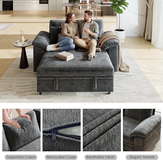 WorthFurni 61” Pull Out Couch, 2 in 1 Sleeper Sofa Bed with Throw Pillow, Convertible Small Loveseat Sleeper Couch for Living Room, Bedroom, Apartment (Gray)
