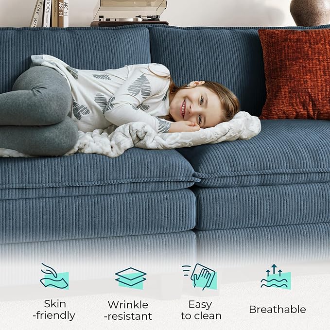 LINSY HOME 90'' Modular Sectional Sofa 2 Seat Couch Corduroy Cloud Couch with Deep Seat, Modern Cloud Couch with 2 Movable Ottoman for Living Room, Office, Bedroom, Blue