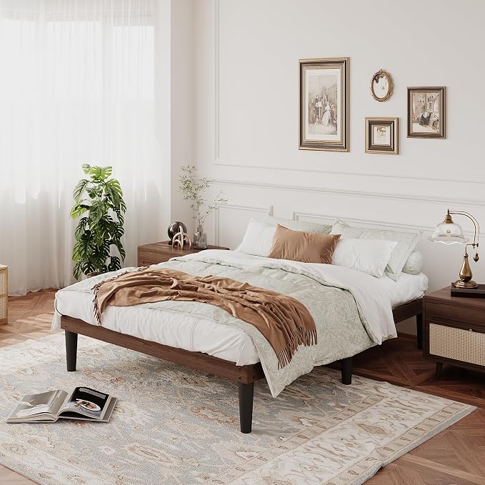 Yumori 12.9 Inch Minimalist Style Full Size Bed Frame, Wood Platform Bed with Wood Slat Support, No Box Spring Needed, Easy Assembly, Walnut
