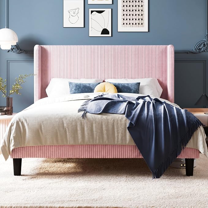 Allewie Queen Size Bed Frame with Upholstered Wingback Headboard, Vertical Channel Tufted Corduroy Velvet Platform Bed, Strong Wooden Slats Support, No Box Spring Needed, Easy Assembly, Light Pink