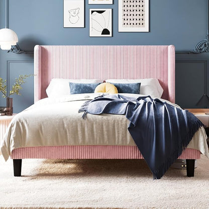 Allewie Full Size Bed Frame with Upholstered Wingback Headboard, Vertical Channel Tufted Corduroy Velvet Platform Bed, Strong Wooden Slats Support, No Box Spring Needed, Easy Assembly, Light Pink