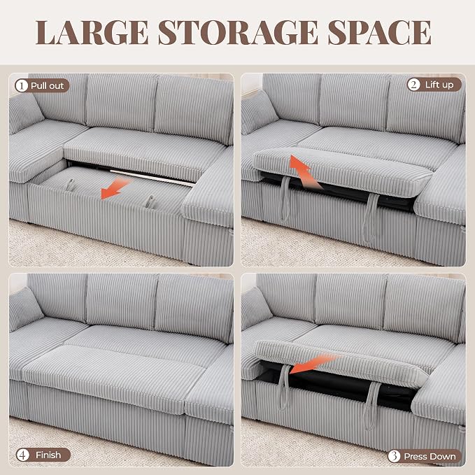 Huatean Home Oversized Sleeper Sofa Couch, 100 inch 2 in 1 Pullout Couch Bed with Side Pockets for Living Room, Sectional Sleeper Sofa Bed with Double Storage Chaise, CloudGrey