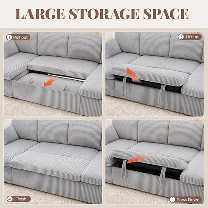 Huatean Home Oversized Sleeper Sofa Couch, 100 inch 2 in 1 Pullout Couch Bed with Side Pockets for Living Room, Sectional Sleeper Sofa Bed with Double Storage Chaise, CloudGrey