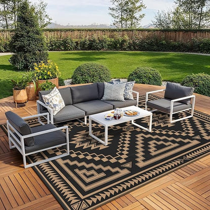 GENIMO Outdoor Rug for Patio Clearance - 10x14 ft Waterproof Plastic Camping Rugs, Reversible Outside Rv Mat Carpet for Porch, Deck, Picnic, Balcony, Beach, Backyard, Black Brown