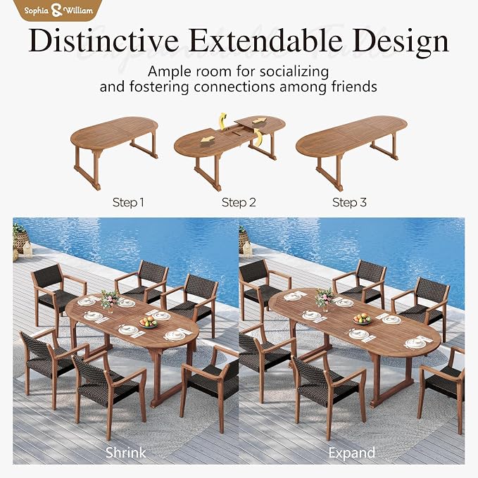 Sophia & William Patio Outdoor Table and Chairs Set, Patio Dining Sets for 6, 7 Pieces Patio Table Set Acacia Wood Table Expandable and Rattan Chairs for Backyard Deck Porch Outside