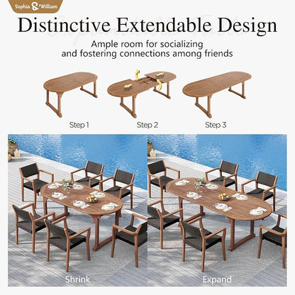 Sophia & William Patio Outdoor Table and Chairs Set, Patio Dining Sets for 6, 7 Pieces Patio Table Set Acacia Wood Table Expandable and Rattan Chairs for Backyard Deck Porch Outside