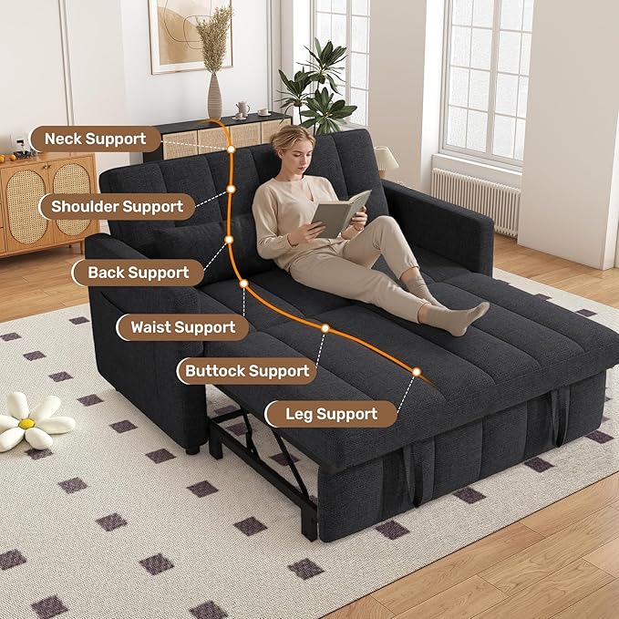 Nebuaegis Sleeper Sofa Bed,3-in-1 Convertible Pull Out Couch with Adjustable Backrest for Living Room,Loveseat Sofa Bed with Side Pockets,Easy Assembly,Dark Gray,1 PCS